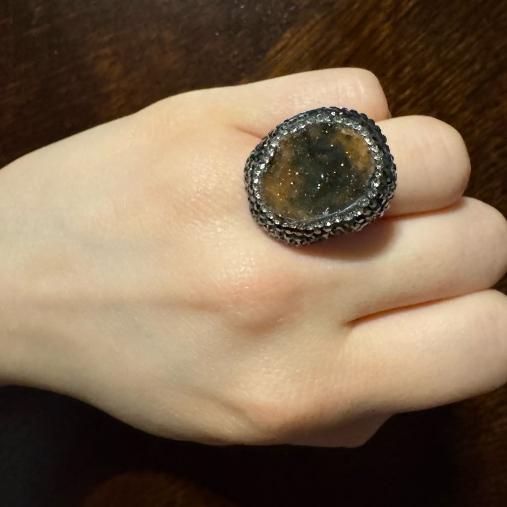 Sterling Silver Druzy Black And Brown Statement Cocktail Ring
